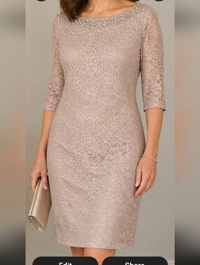 Jessica Howard Lace Dress Taupe Beaded Neck sz 14 Wedding Mother Cocktail Gala